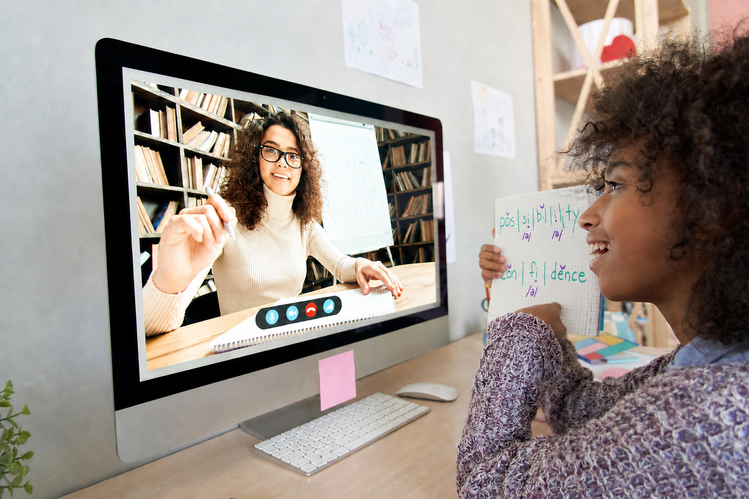 Student sharing work with an online reading tutor