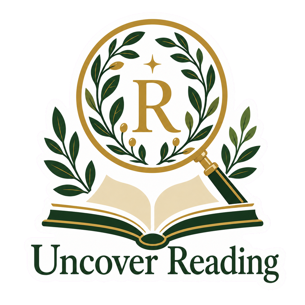 Uncover Reading sticker logo with an open book, magnifying glass, leafy wreath, gold R, and gold leaf