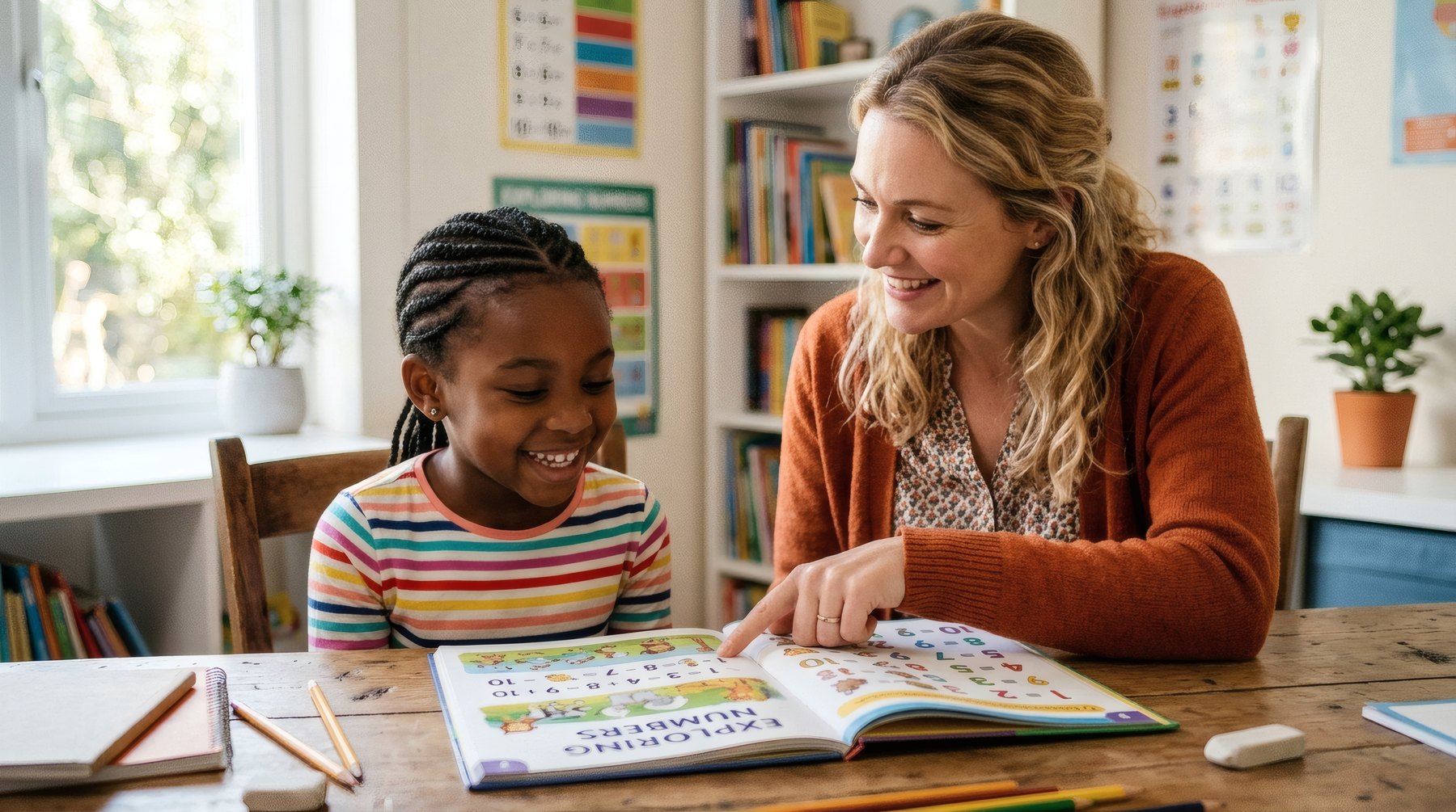 A smiling reading tutor working with a child at a table